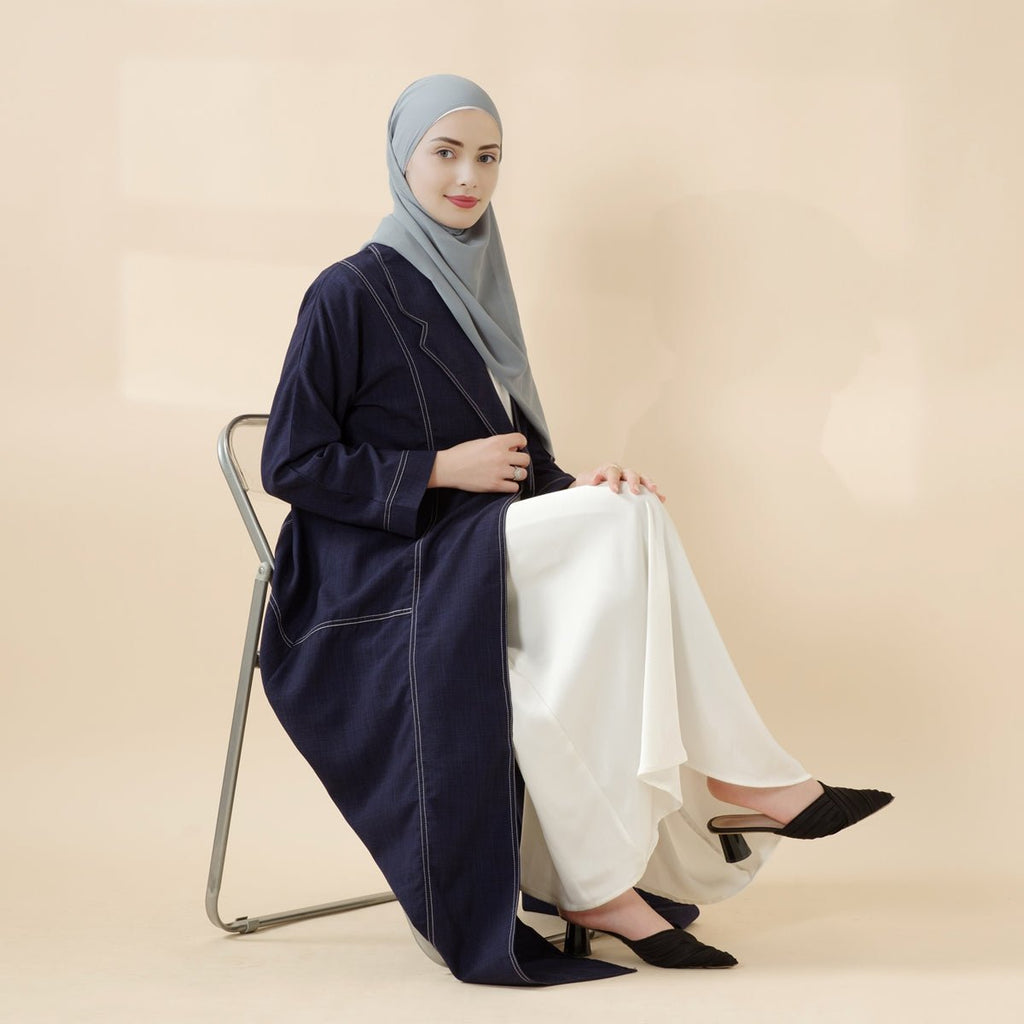 Mariam's Collection Denim Blue Open Abaya | Contrast Stitching Trench Coat Thin Denim Abaya (MOA121) — product category context
