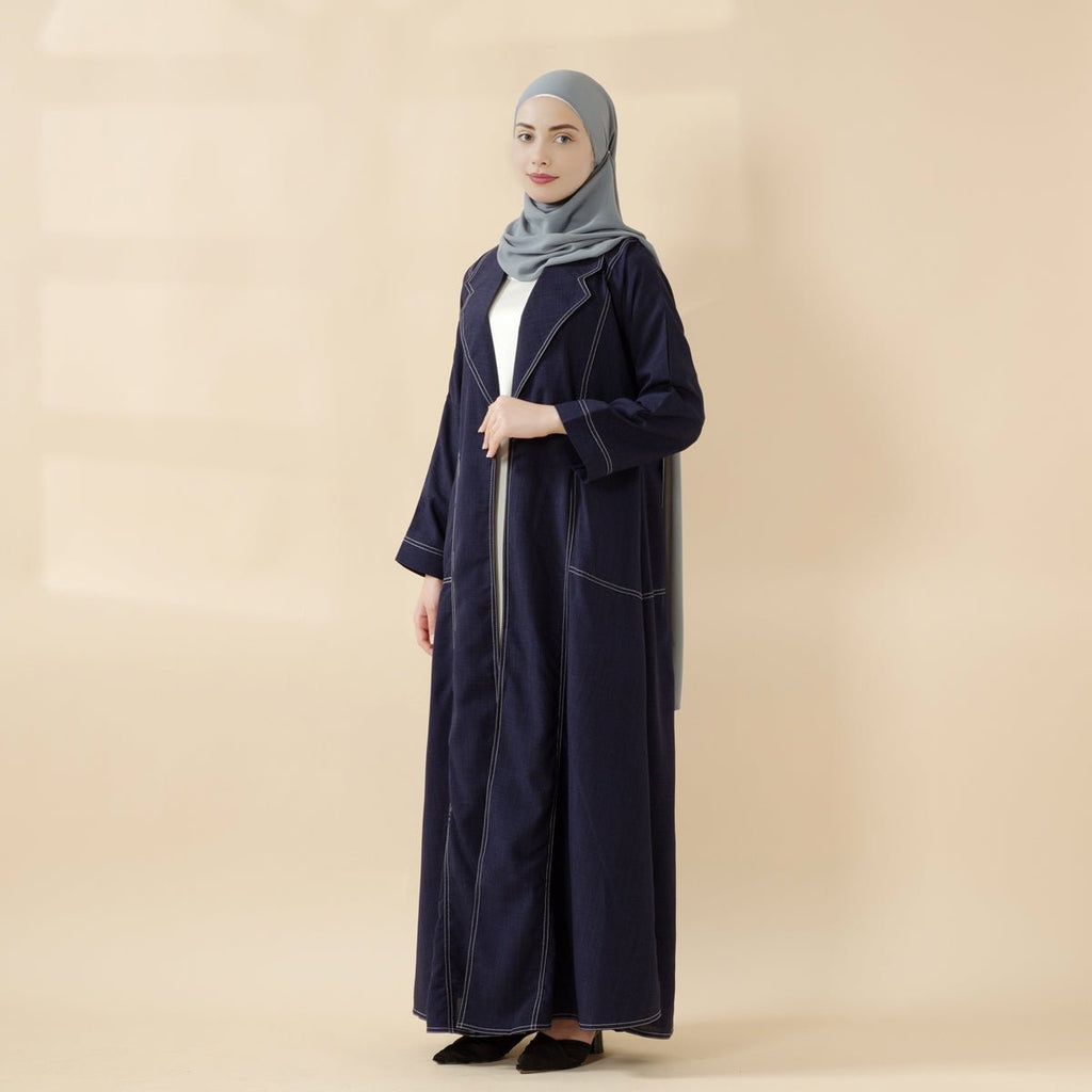 Mariam's Collection Denim Blue Open Abaya | Contrast Stitching Trench Coat Thin Denim Abaya (MOA121) — main product shot