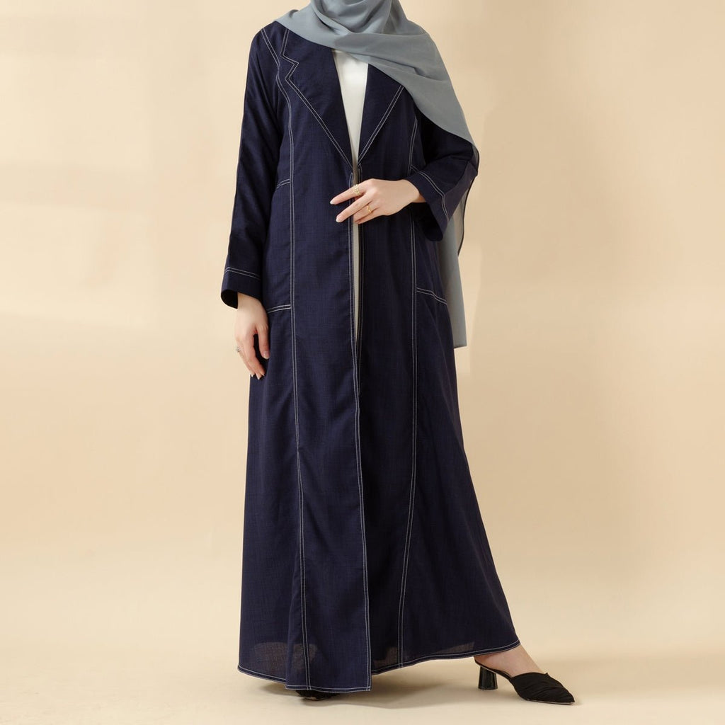 Mariam's Collection Denim Blue Open Abaya | Contrast Stitching Trench Coat Thin Denim Abaya (MOA121) — Blue detail