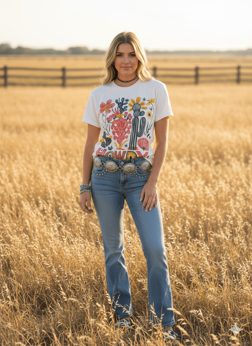 Wild Junkie Desert Bloom Howdy Graphic Tee — Wild Junkie branding close-up
