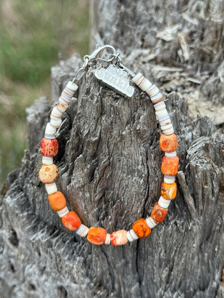 Wild Junkie Desert Ember Beaded Shell Bracelet — detail close-up