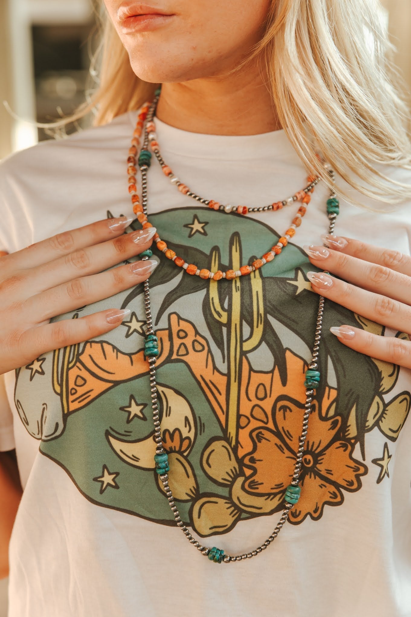 Wild Junkie Desert Ember Beaded Shell Necklace — detail close-up