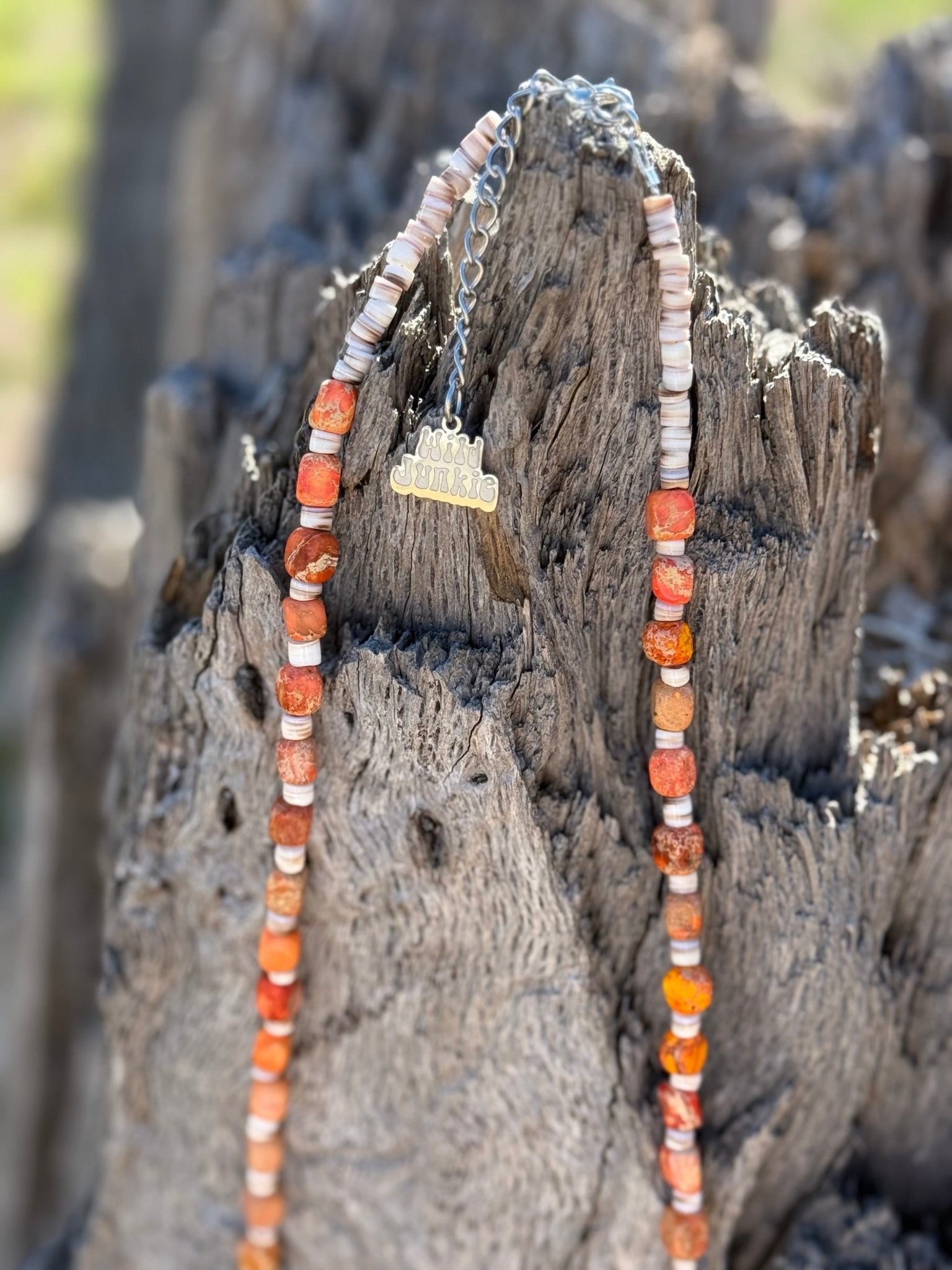 Wild Junkie Desert Ember Beaded Shell Necklace — lifestyle context
