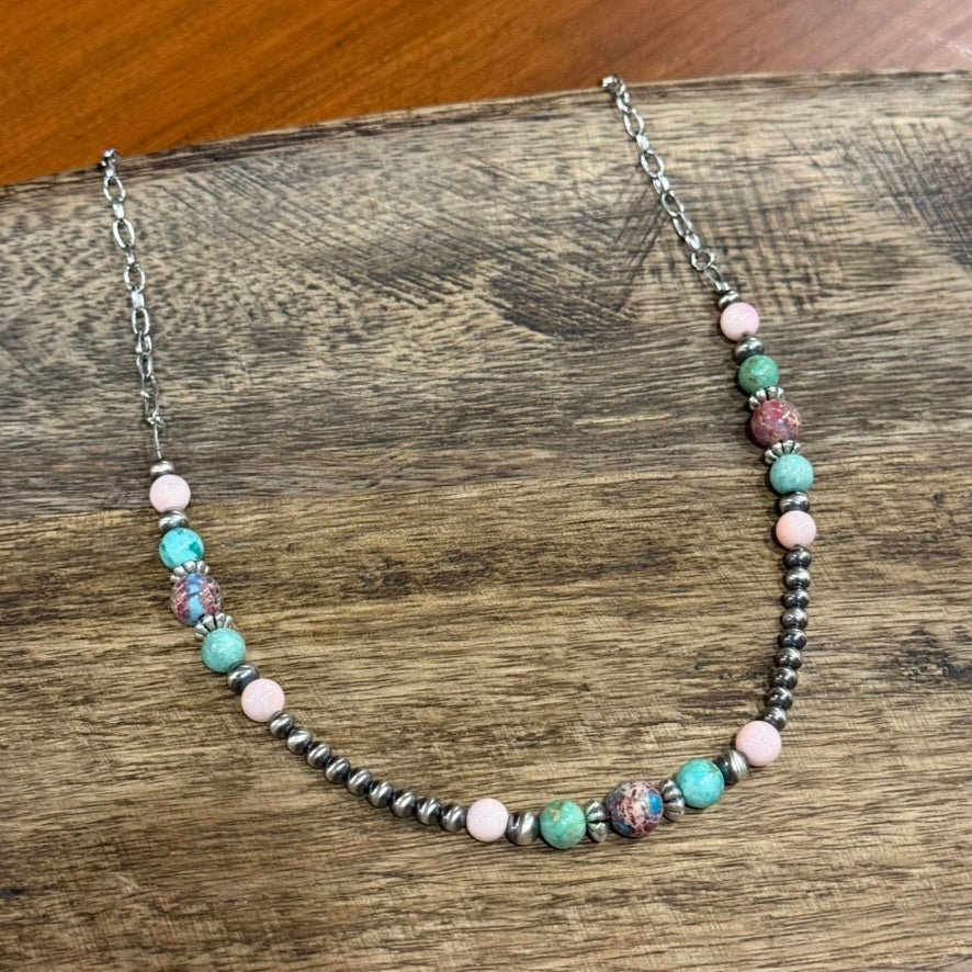 Wild Junkie Queen Conch and Round Turquoise Mosaic Beaded Necklace — lifestyle context