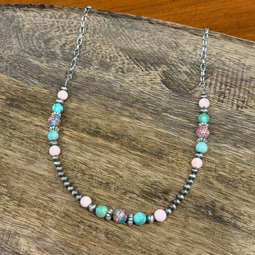 Wild Junkie Queen Conch and Round Turquoise Mosaic Beaded Necklace — detail close-up