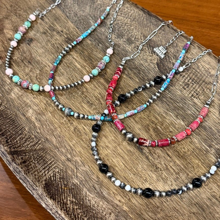 Wild Junkie Queen Conch and Round Turquoise Mosaic Beaded Necklace — side view