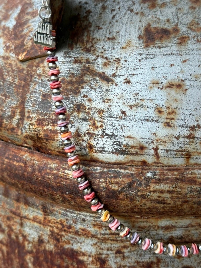 Wild Junkie Desert Sunset Shell Heishi Bead Necklace — detail close-up