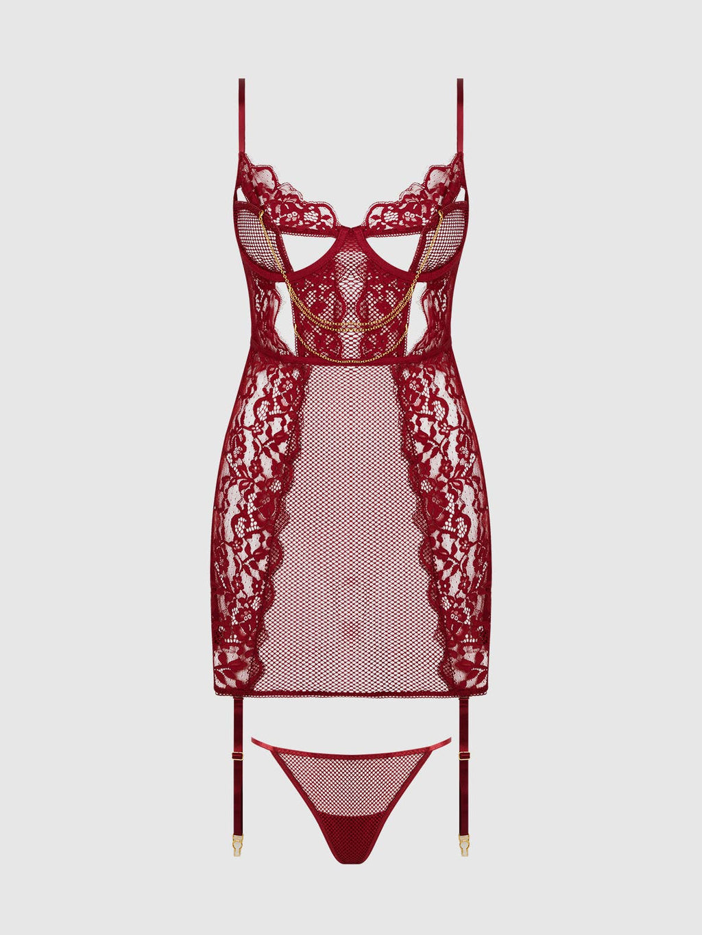 DEZI CURVY LACE & CHAIN CHEMISE LINGERIE SET IN PLUS SiZE