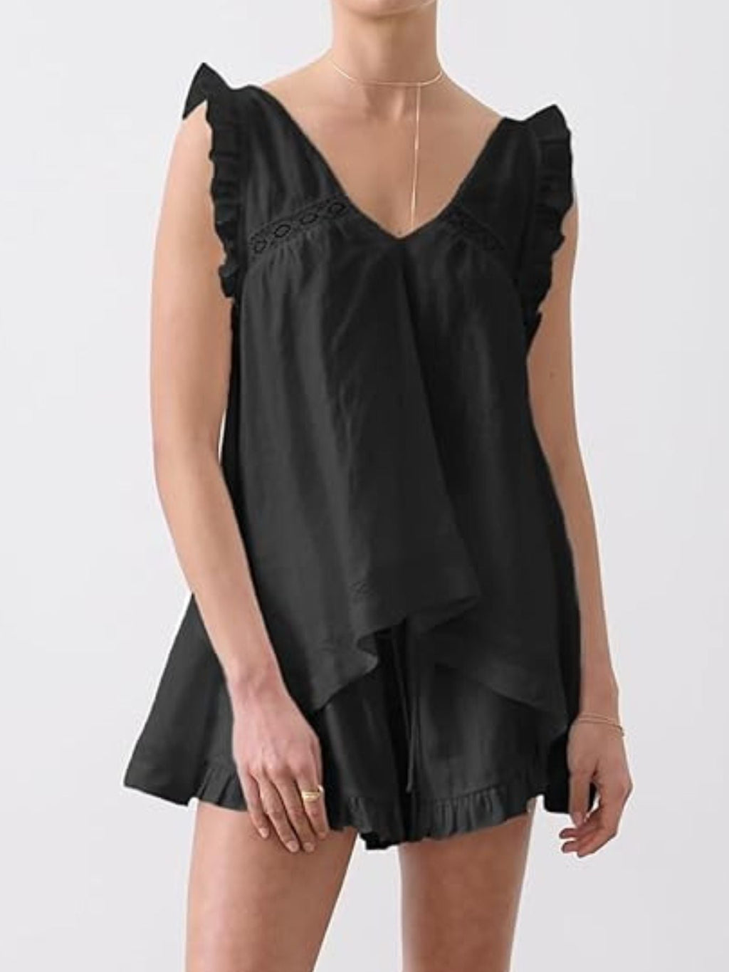 Ruffle Trim V-Neck Top and Shorts Set