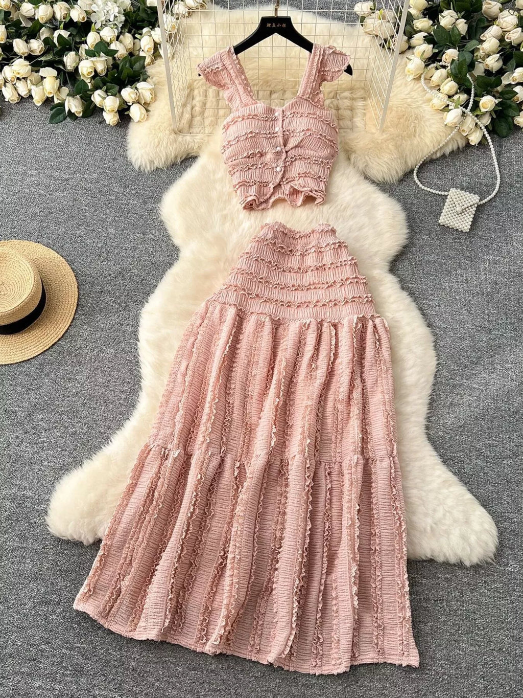 Textured Crop Top and Tiered Skirt Set