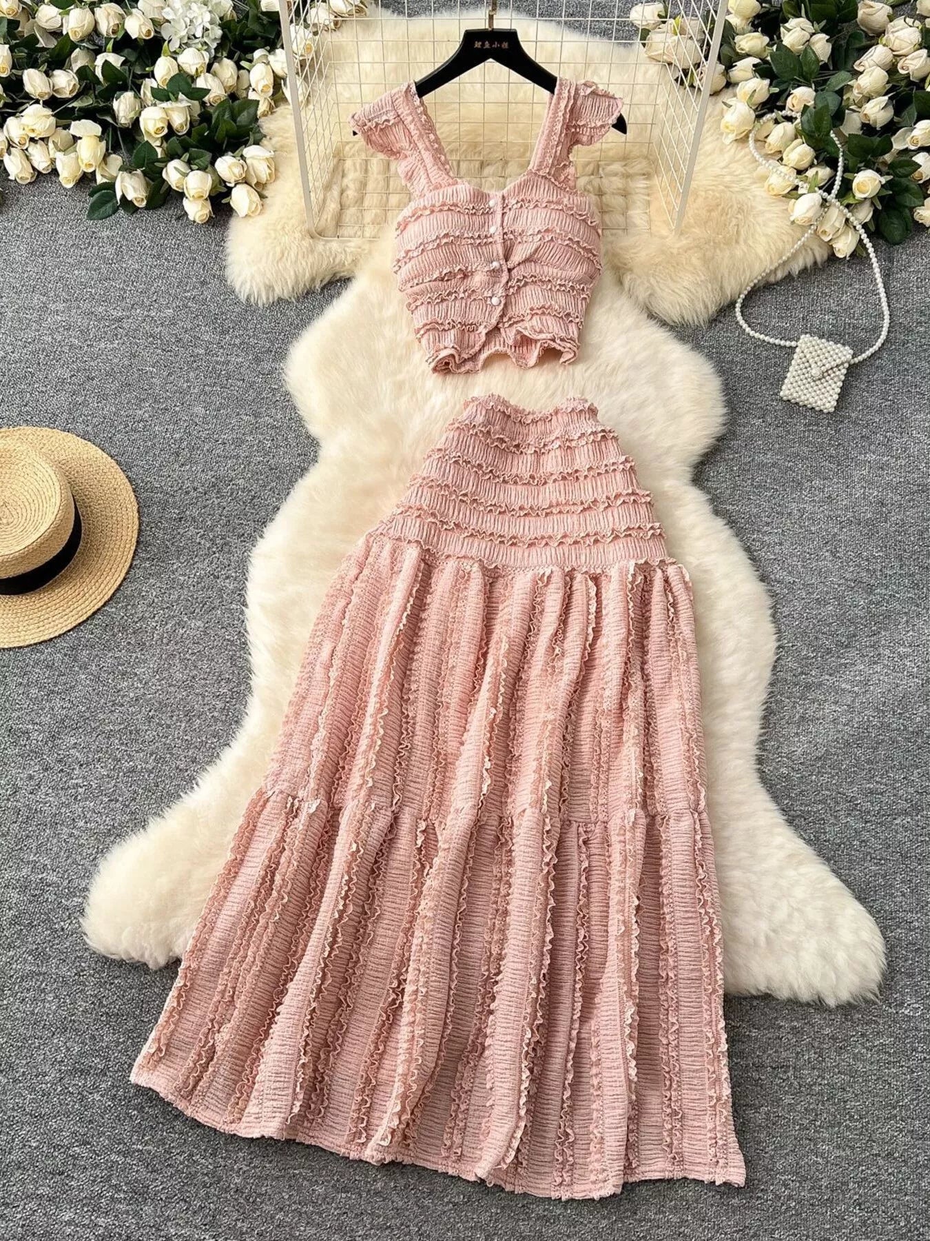 Textured Crop Top and Tiered Skirt Set