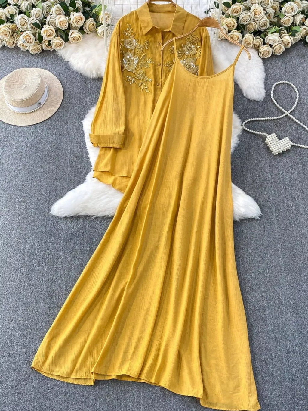 Sequin Flower Button Up Shirt and Cami Dress Set
