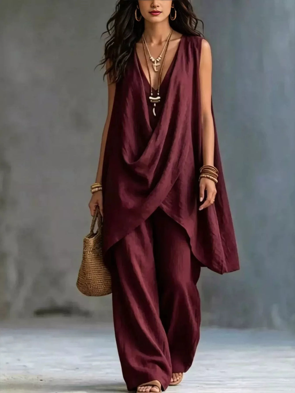 Sleeveless Asymmetrical Top and Wide-Leg Pants Set