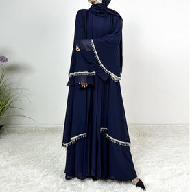 Diamond Beaded Fringe Flare Sleeve Chiffon Maxi Abaya Set (MOA148)
