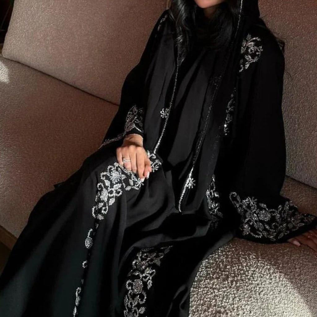 Mariam's Collection Luxury Black Embroidered Diamond Abaya Set (MOA184) — Mariam's Collection branding close-up