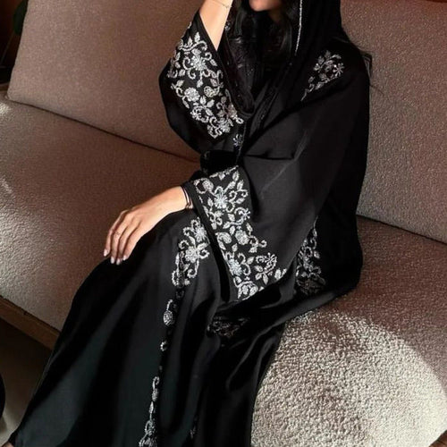 Luxury Black Embroidered Diamond Abaya Set (MOA184)