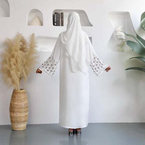 Diamond Glow Abaya Collection | Luxury Modest Fashion White & Blush Pink Embroidered Robes with Floral Sleeves (MOA205)