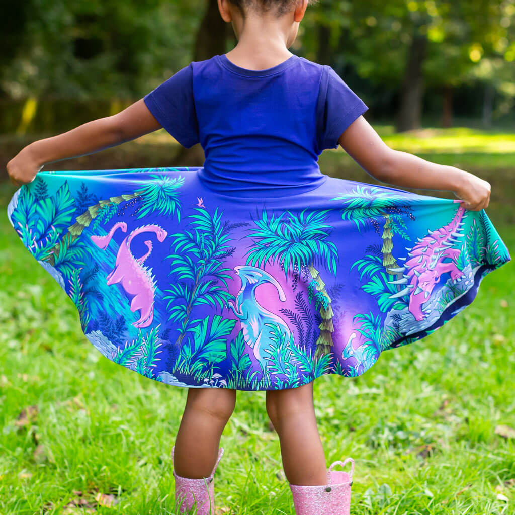 Princess Awesome & Boy Wonder Dinosaurs Busy Dress with Pockets — lifestyle worn / used context