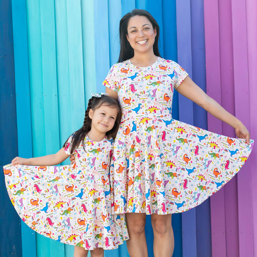 Princess Awesome & Boy Wonder Adult "Hypothesaurus Rex" Dinosaur Scientists Super Twirler Dress with Pockets — main product s