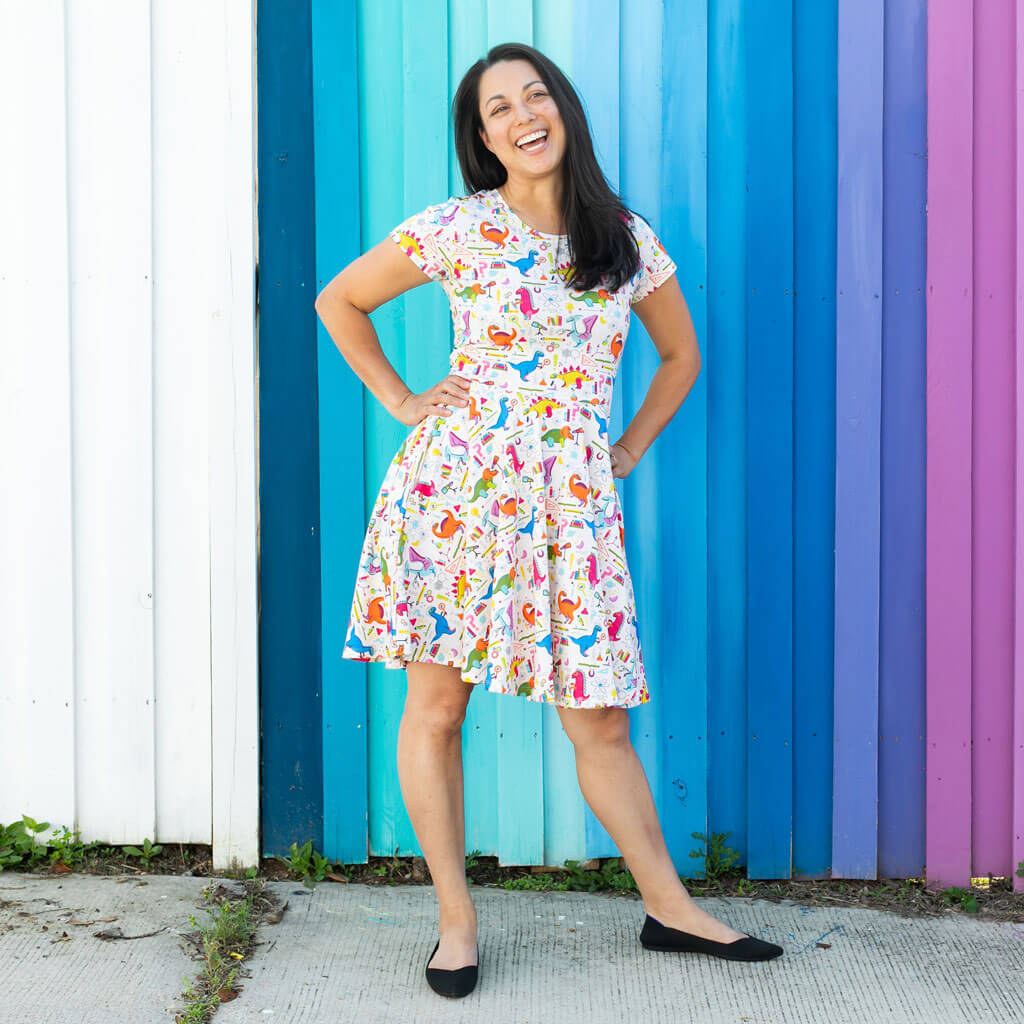 Princess Awesome & Boy Wonder Adult "Hypothesaurus Rex" Dinosaur Scientists Super Twirler Dress with Pockets — detail close-u