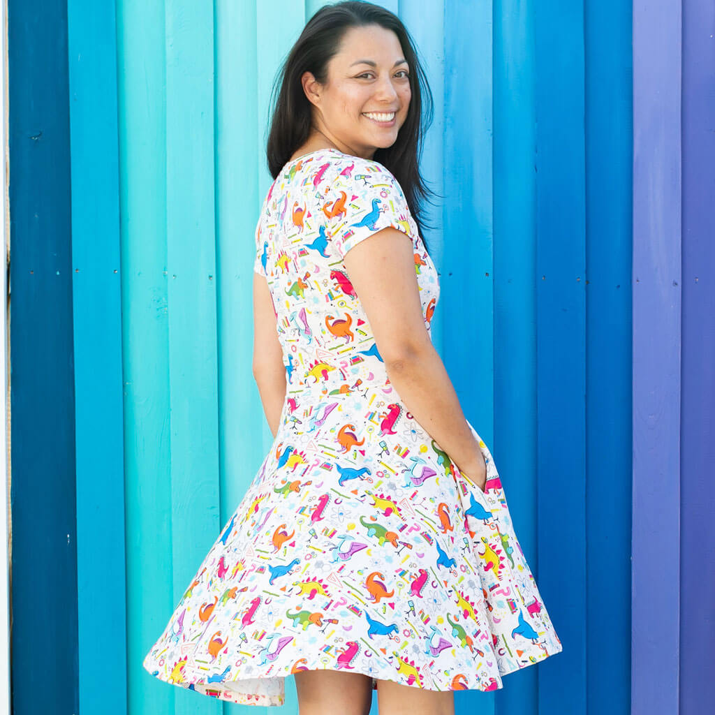 Princess Awesome & Boy Wonder Adult "Hypothesaurus Rex" Dinosaur Scientists Super Twirler Dress with Pockets — lifestyle cont