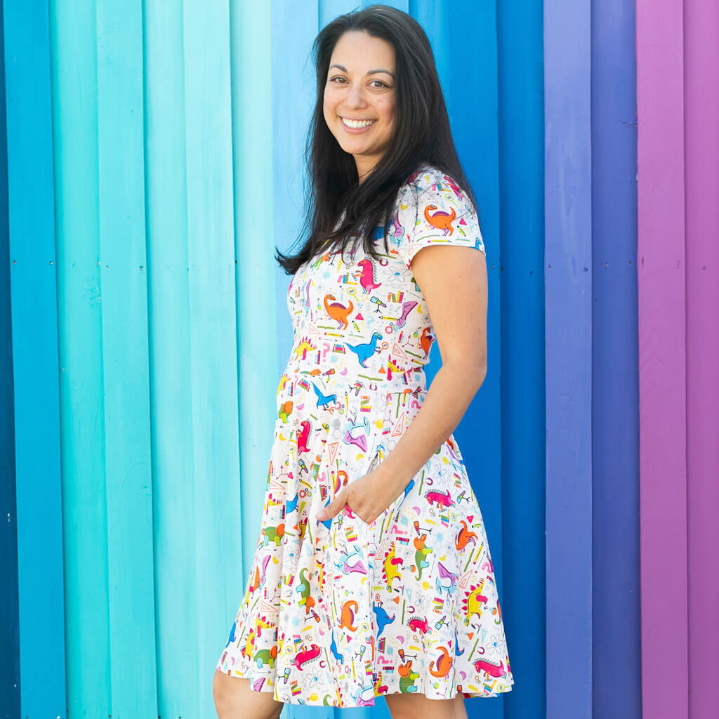 Princess Awesome & Boy Wonder Adult "Hypothesaurus Rex" Dinosaur Scientists Super Twirler Dress with Pockets — side view