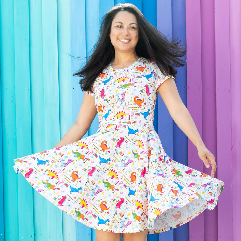 Princess Awesome & Boy Wonder Adult "Hypothesaurus Rex" Dinosaur Scientists Super Twirler Dress with Pockets — back view