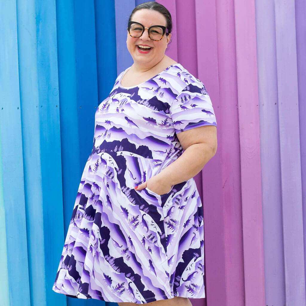 Princess Awesome & Boy Wonder Adult "Dinoscape" Dinosaur Wilderness Super Twirler Dress with Pockets — main product shot