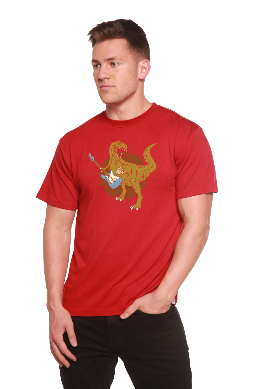Spun Bamboo Dinosaur with a guitar Men's Bamboo Viscose/Organic Cotton Short Sleeve Graphic T-Shirt — flat-lay composition