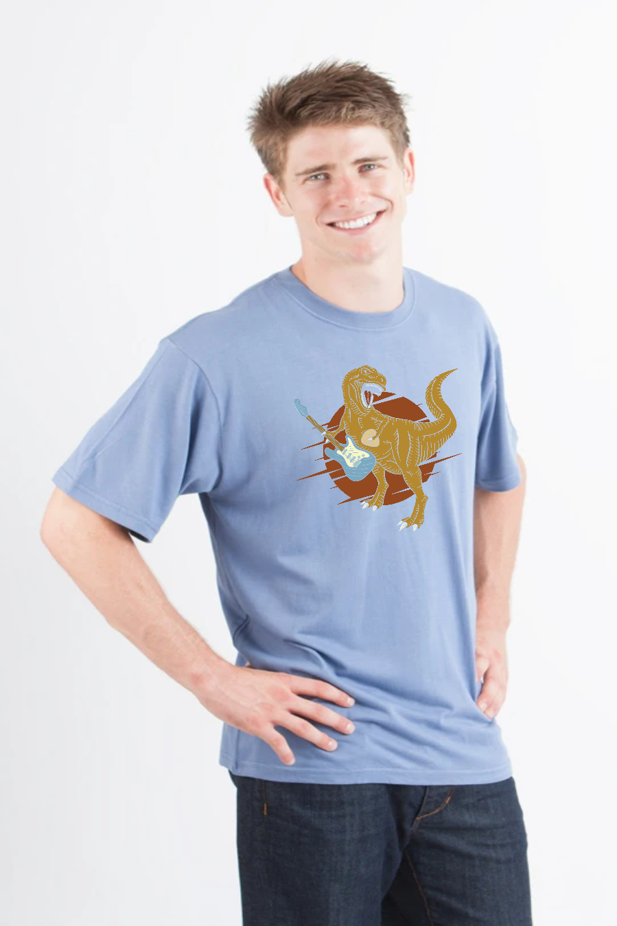 Spun Bamboo Dinosaur with a guitar Men's Bamboo Viscose/Organic Cotton Short Sleeve Graphic T-Shirt — color detail