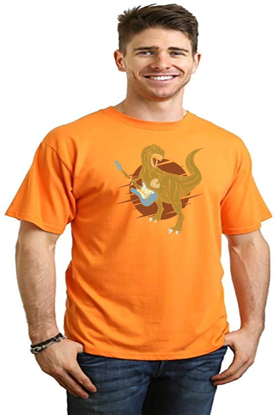 Spun Bamboo Dinosaur with a guitar Men's Bamboo Viscose/Organic Cotton Short Sleeve Graphic T-Shirt — fabric or material deta
