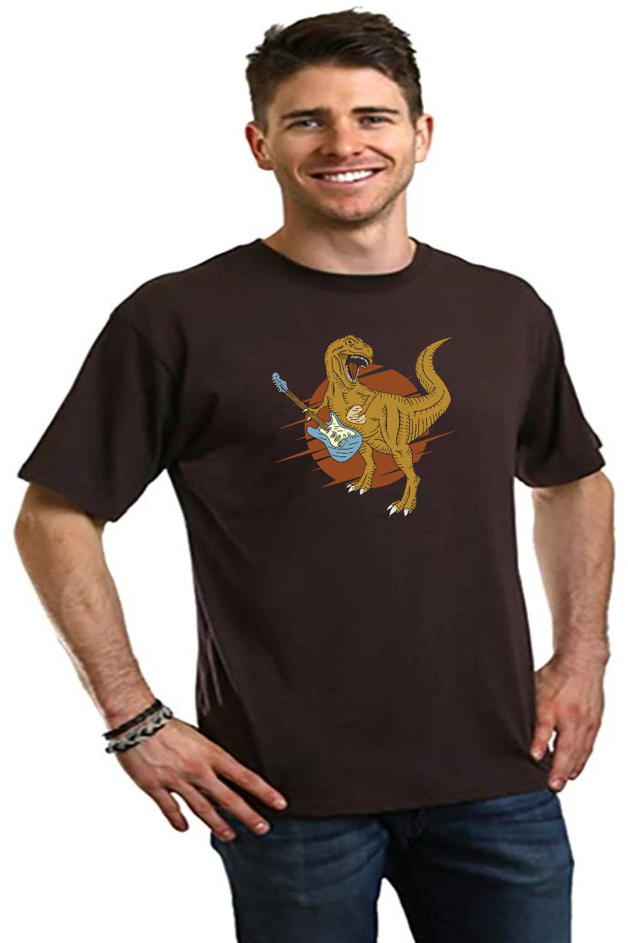 Spun Bamboo Dinosaur with a guitar Men's Bamboo Viscose/Organic Cotton Short Sleeve Graphic T-Shirt — back view