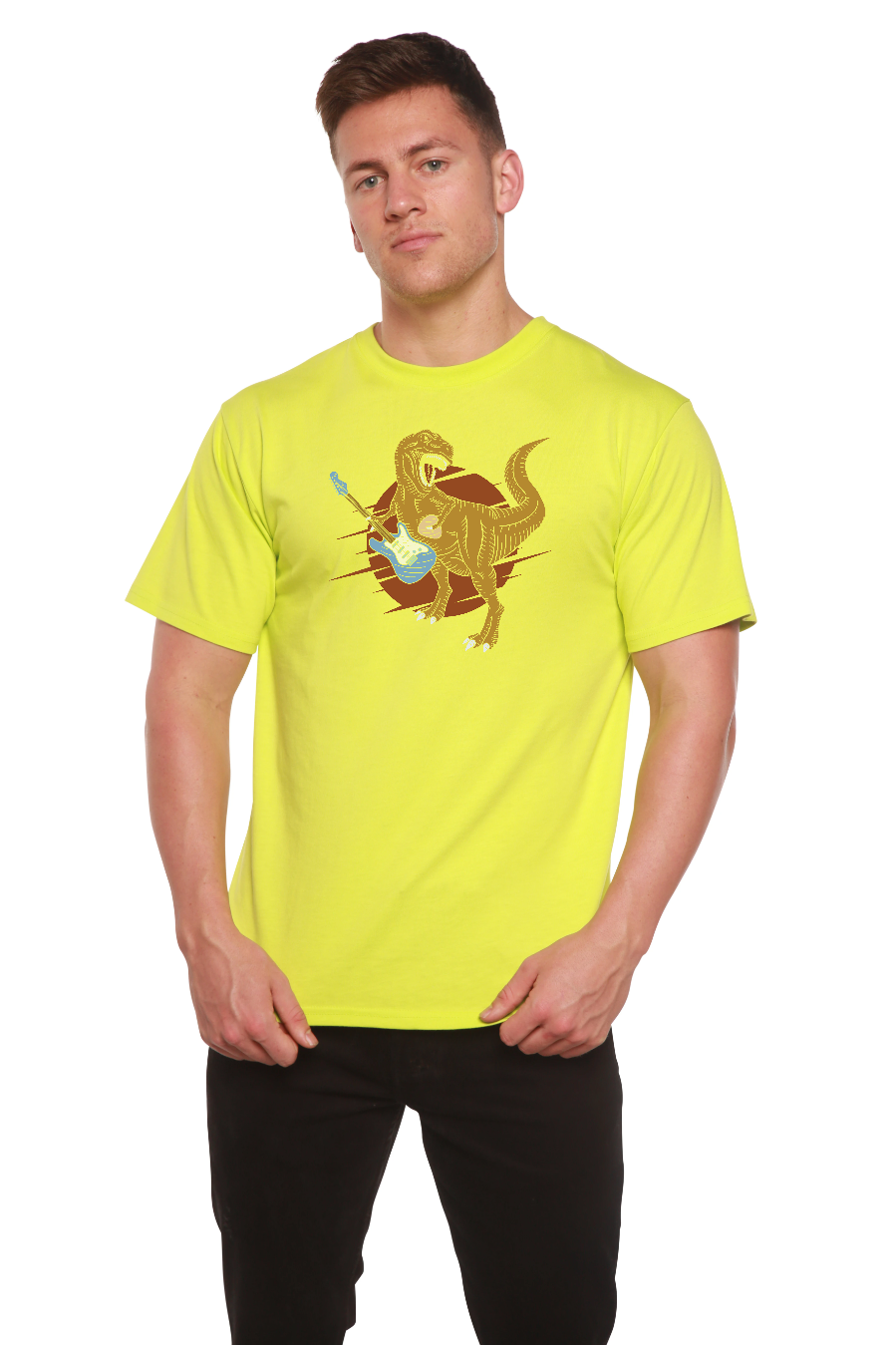 Spun Bamboo Dinosaur with a guitar Men's Bamboo Viscose/Organic Cotton Short Sleeve Graphic T-Shirt — packaging