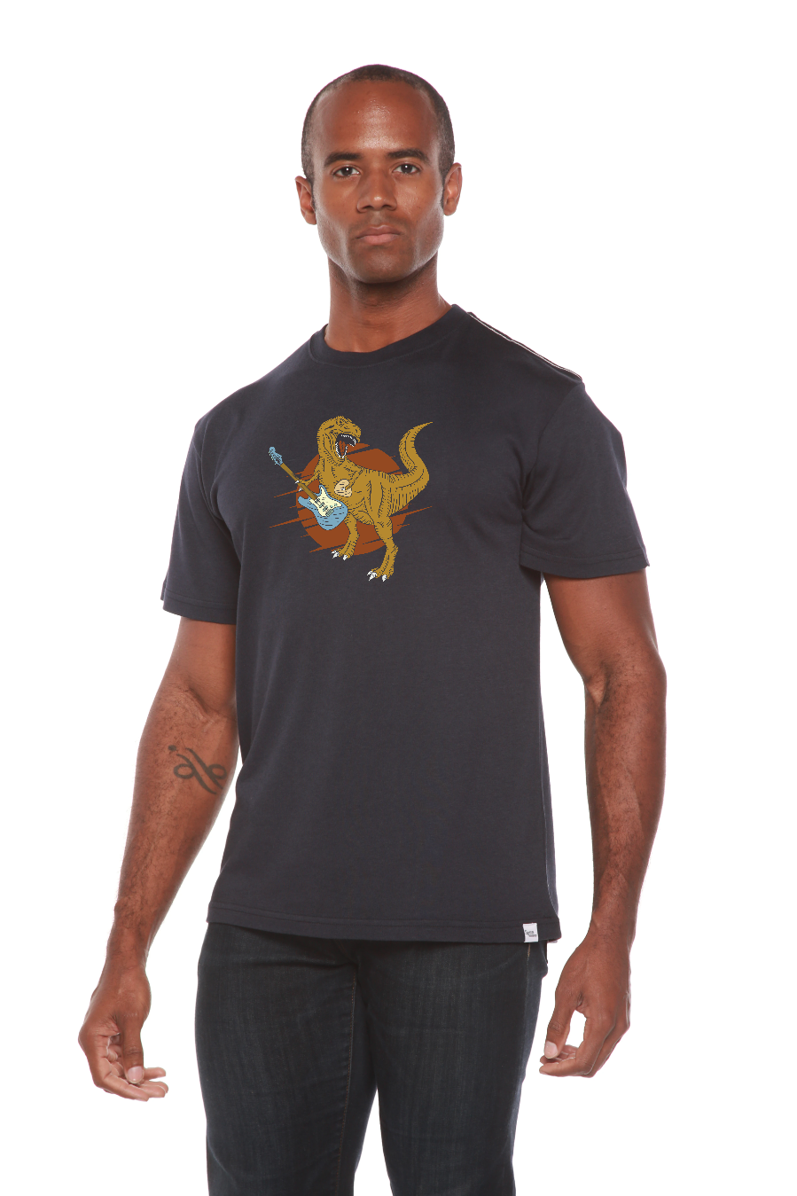 Spun Bamboo Dinosaur with a guitar Men's Bamboo Viscose/Organic Cotton Short Sleeve Graphic T-Shirt — side view