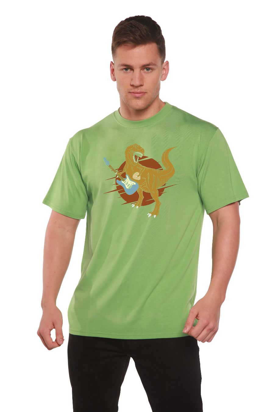 Spun Bamboo Dinosaur with a guitar Men's Bamboo Viscose/Organic Cotton Short Sleeve Graphic T-Shirt — in-use photo