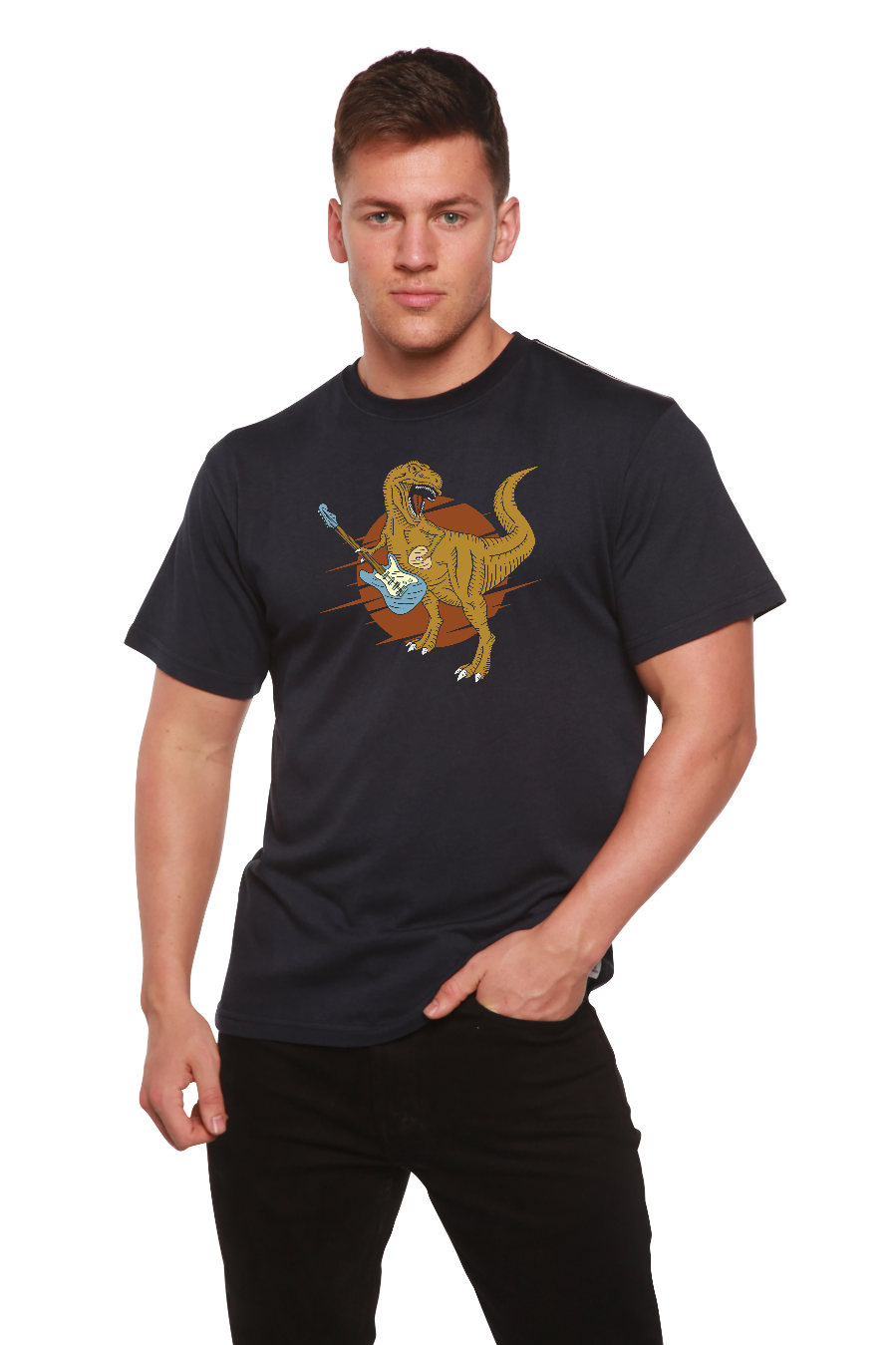Spun Bamboo Dinosaur with a guitar Men's Bamboo Viscose/Organic Cotton Short Sleeve Graphic T-Shirt — comparison shot