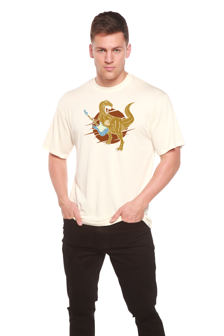Spun Bamboo Dinosaur with a guitar Men's Bamboo Viscose/Organic Cotton Short Sleeve Graphic T-Shirt — alternative angle