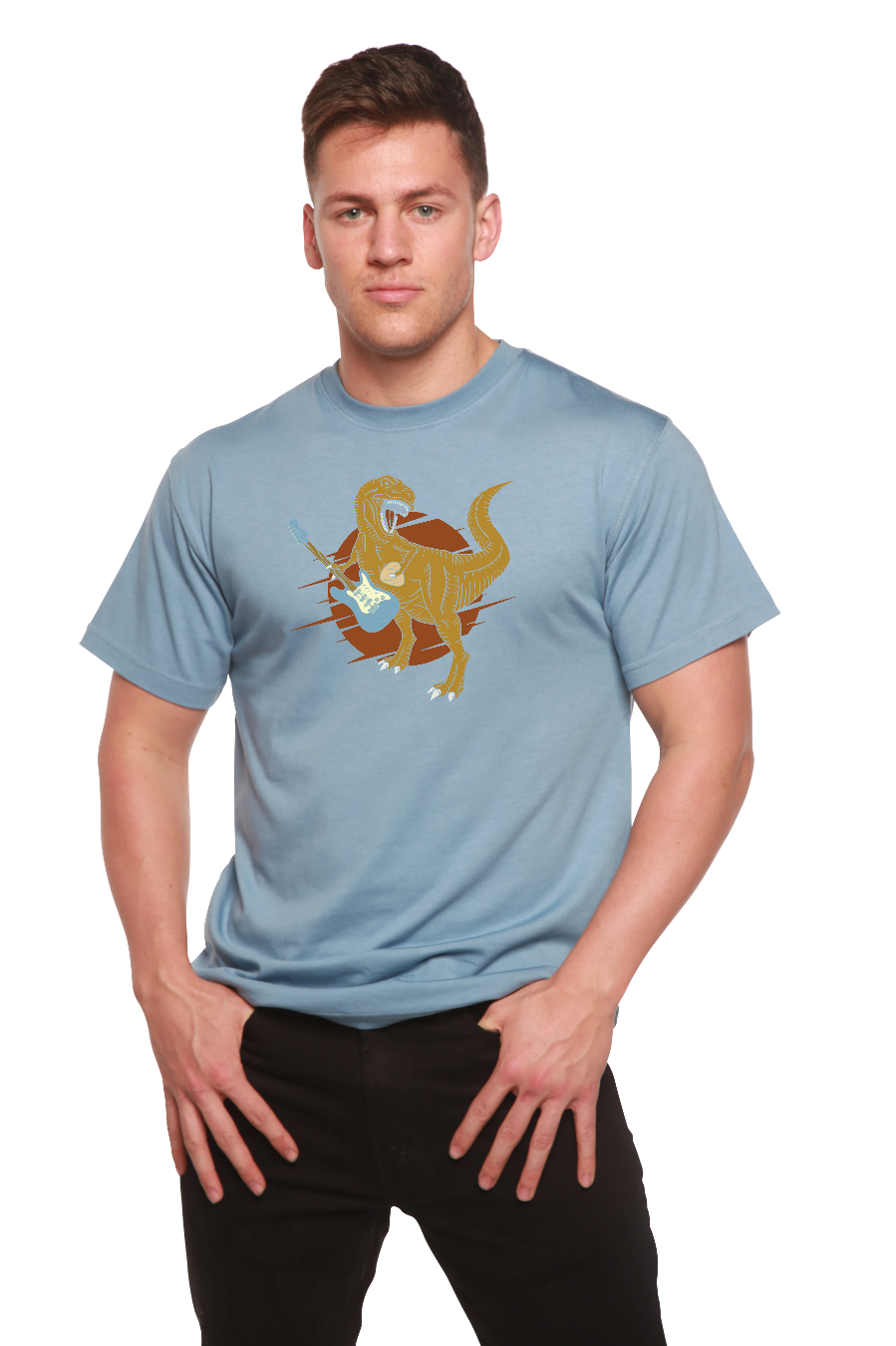 Spun Bamboo Dinosaur with a guitar Men's Bamboo Viscose/Organic Cotton Short Sleeve Graphic T-Shirt — lifestyle context