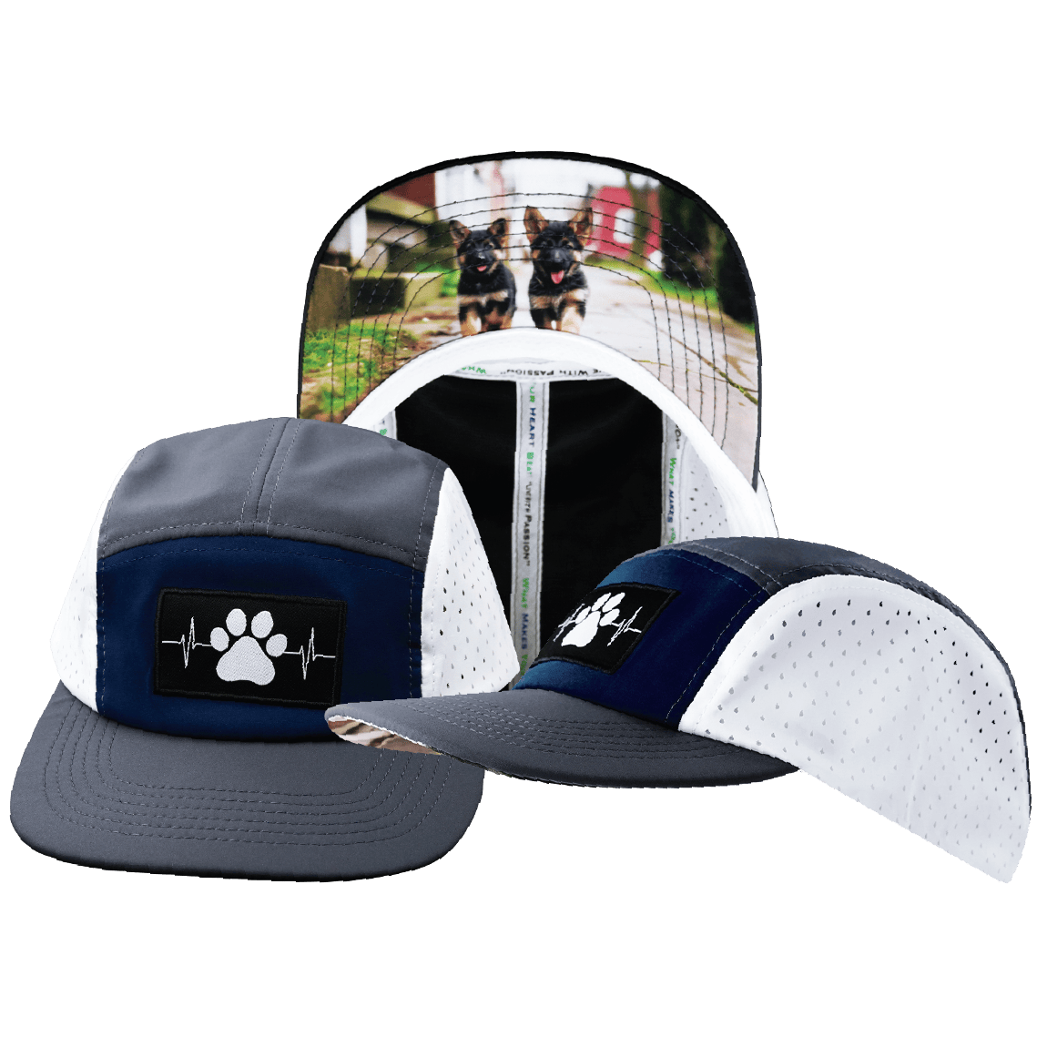 The Heartbeat Brand Dog Hat - 5 Panel - Charcoal / Navy / White - Laser Mesh — main product shot