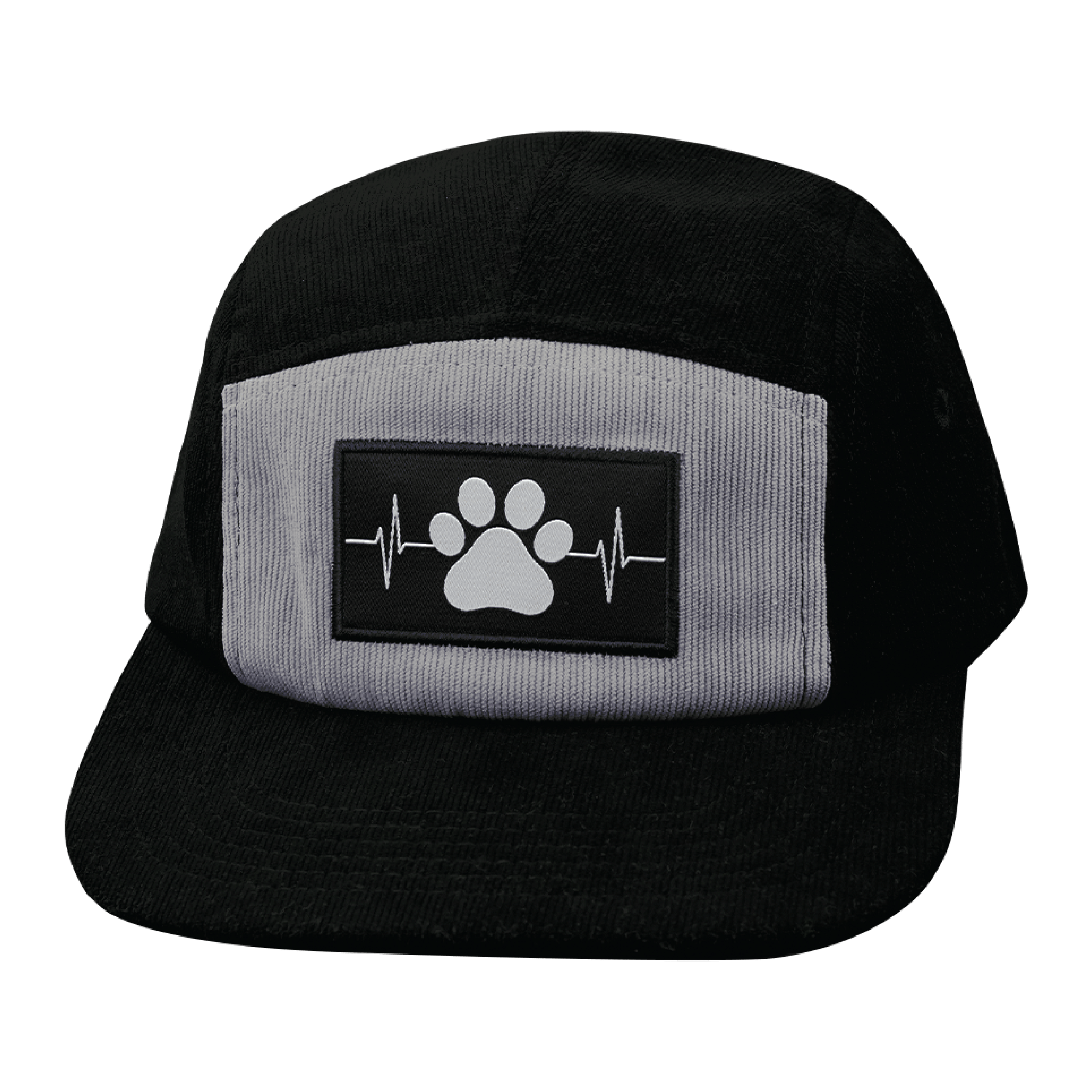 The Heartbeat Brand Dog Hat - 5 Panel - Corduroy - Black / Gray - Fabric Back — side view