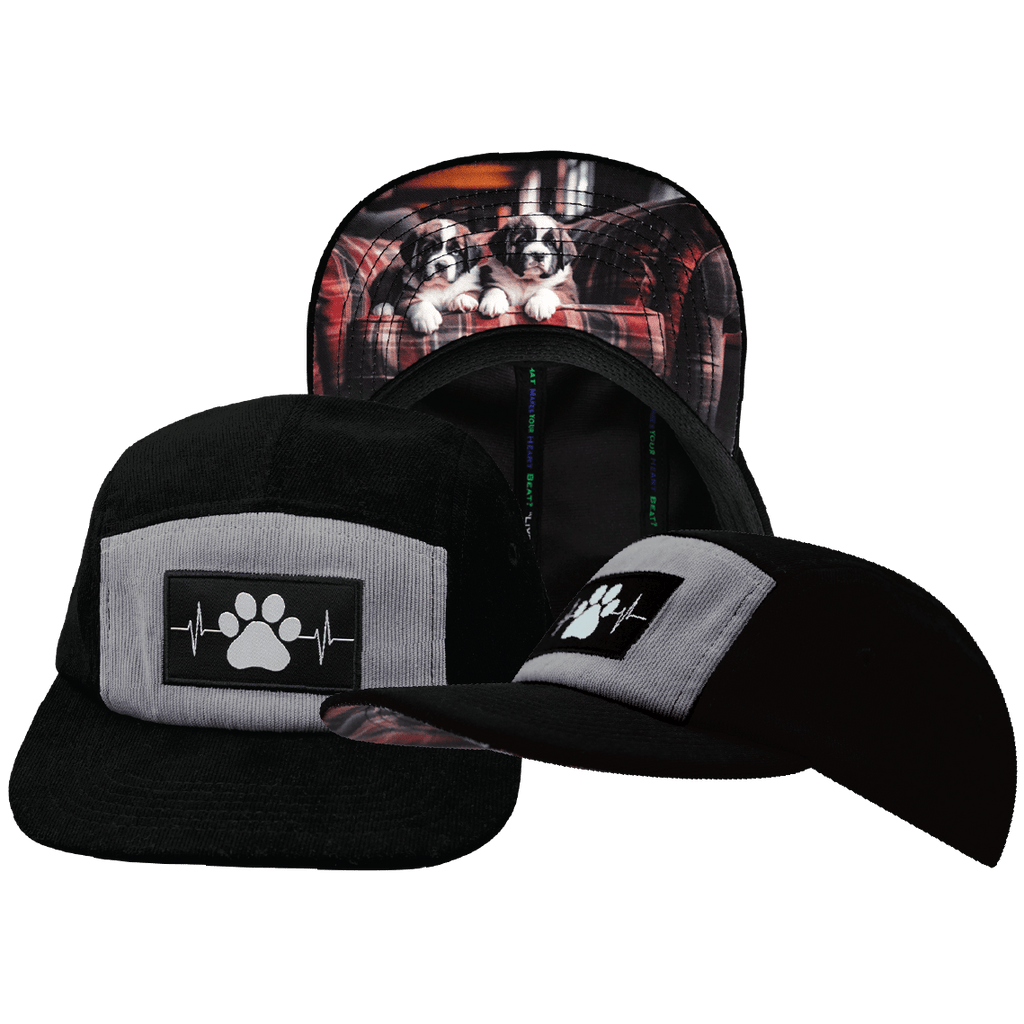 The Heartbeat Brand Dog Hat - 5 Panel - Corduroy - Black / Gray - Fabric Back — main product shot