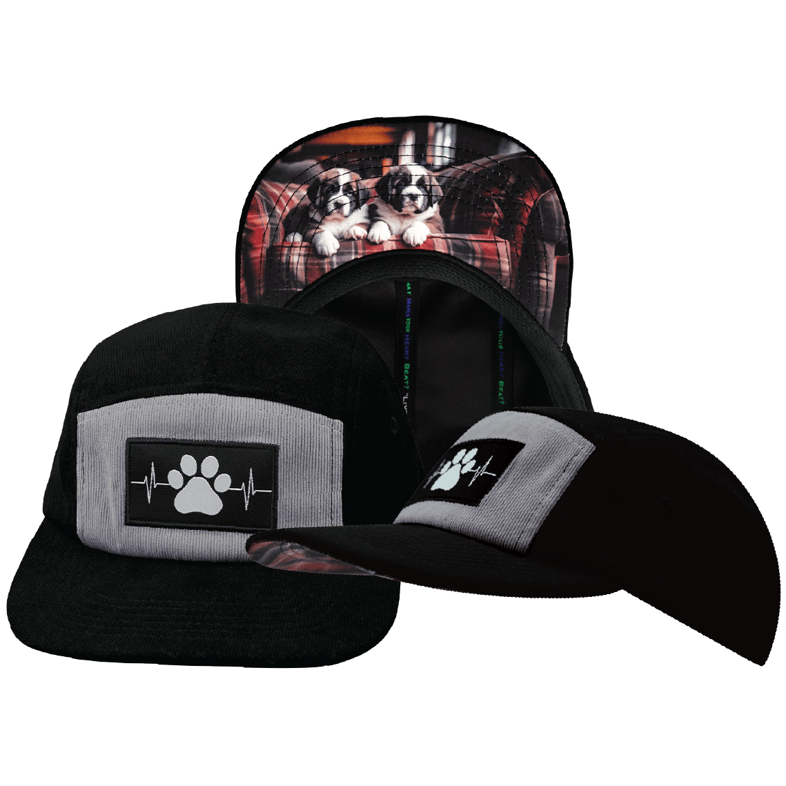 The Heartbeat Brand Dog Hat - 5 Panel - Corduroy - Black / Gray - Fabric Back — main product shot