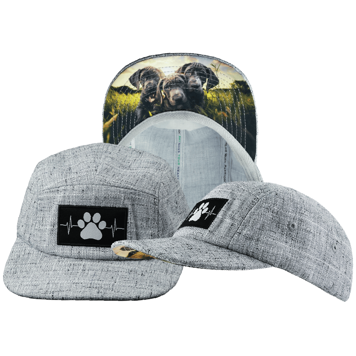 The Heartbeat Brand Dog Hat - 5 Panel - Light Gray Hemp - Fabric Back — main product shot