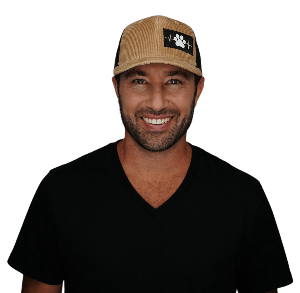 The Heartbeat Brand Dog Hat - Baseball Hat Fit - Corduroy - Tan / Black - Laser Mesh — detail close-up