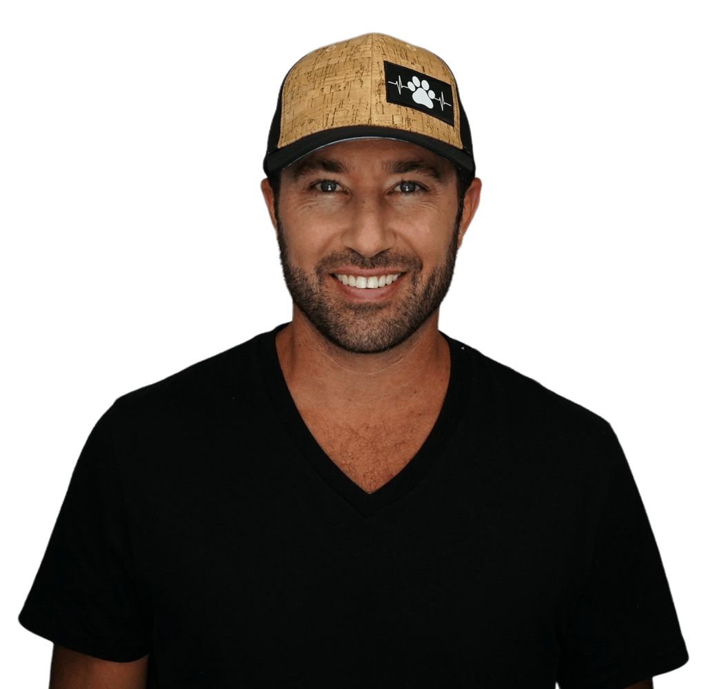 The Heartbeat Brand Dog Hat - Baseball Hat Fit - Cork - Black - Laser Mesh — detail close-up