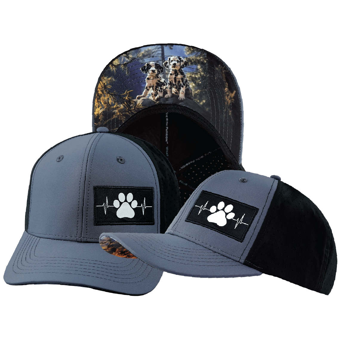 The Heartbeat Brand Dog Hat - Baseball Hat Fit - Charcoal / Black - Laser Mesh — main product shot