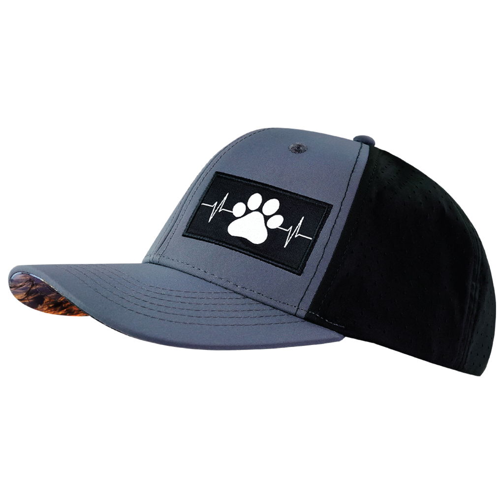 The Heartbeat Brand Dog Hat - Baseball Hat Fit - Charcoal / Black - Laser Mesh — The Heartbeat Brand branding close-up