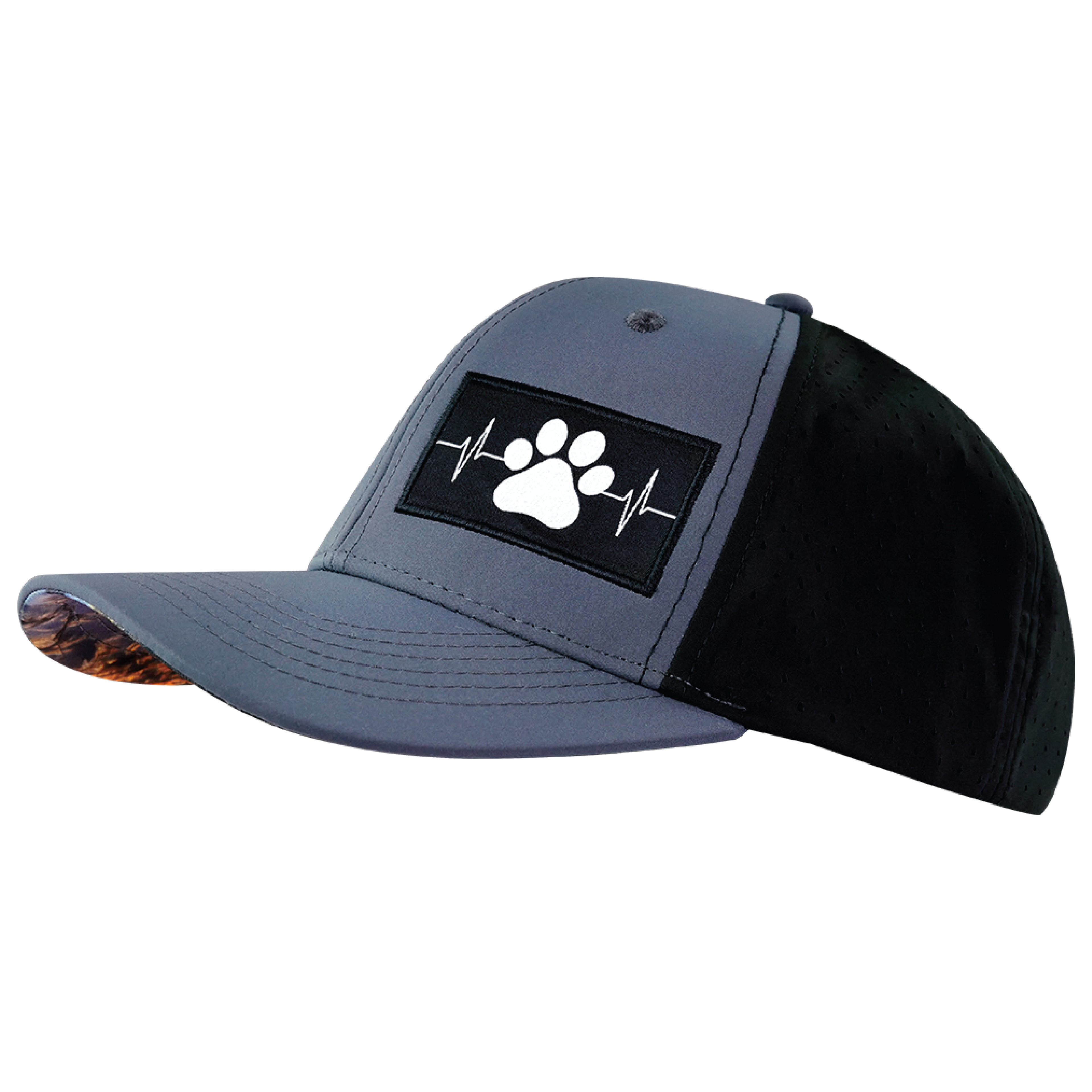The Heartbeat Brand Dog Hat - Baseball Hat Fit - Charcoal / Black - Laser Mesh — The Heartbeat Brand branding close-up