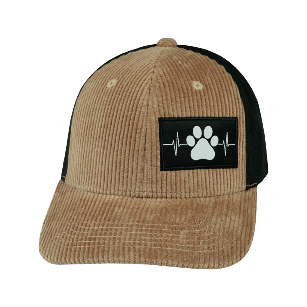 The Heartbeat Brand Dog Hat - Baseball Hat Fit - Corduroy - Tan / Black - Laser Mesh — back view