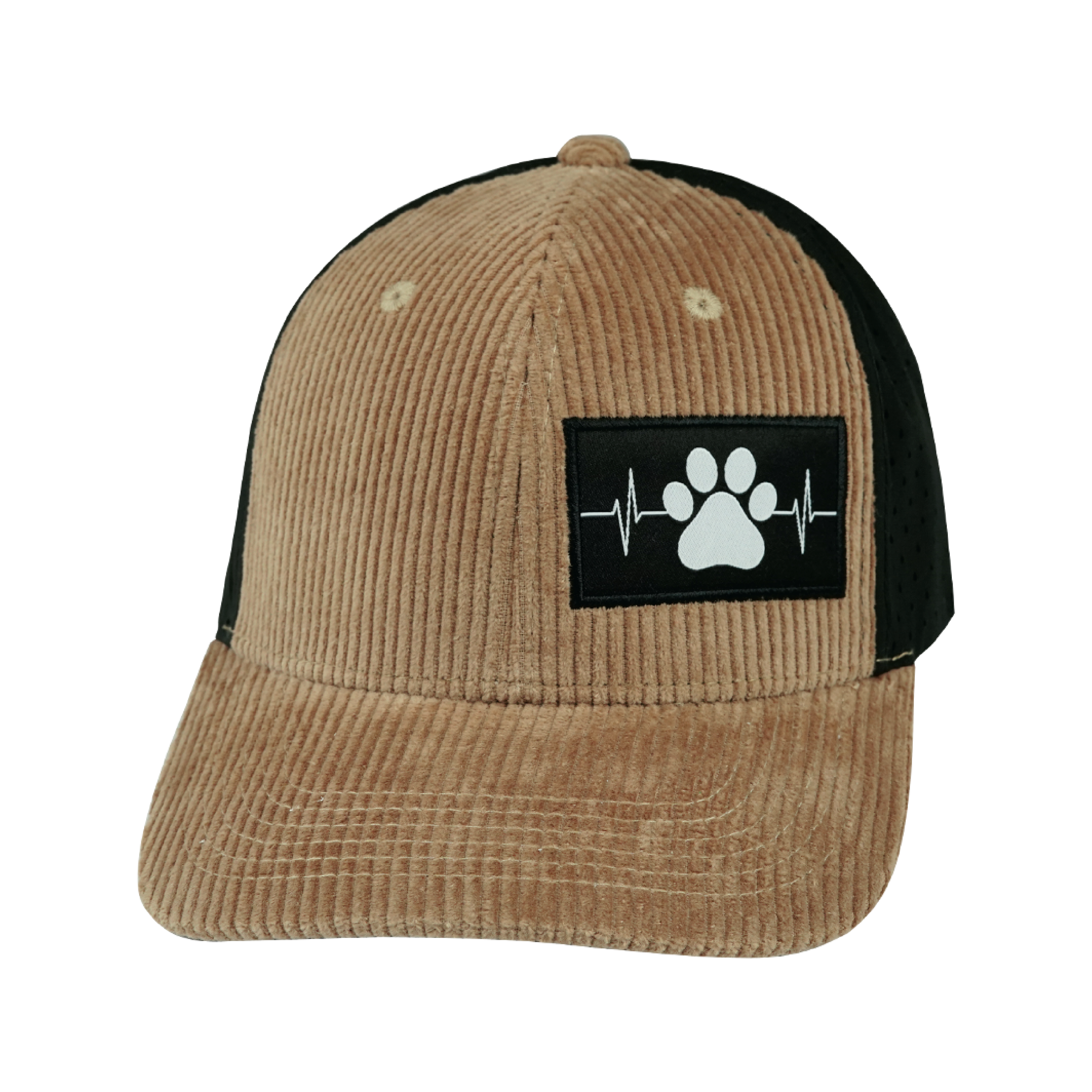 The Heartbeat Brand Dog Hat - Baseball Hat Fit - Corduroy - Tan / Black - Laser Mesh — back view